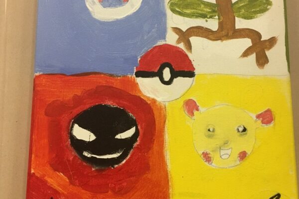 The student who painted this piece experiences PTSD and plays Pokemon to escape from the violence and trauma in his life. He painted these Pokemon to protect him, just as they do the characters in the game.