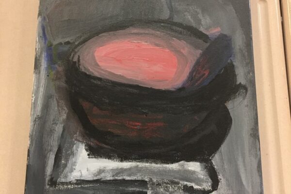 This painting was entitled "Anxiety Bowl" to represent the anxiety of the painter's mother as she struggles to provide food and other resources for the family.