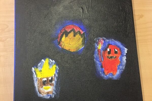 This artwork, inspired by another student, represents trauma through the black background and uses the Pokemon to represent light and protection.